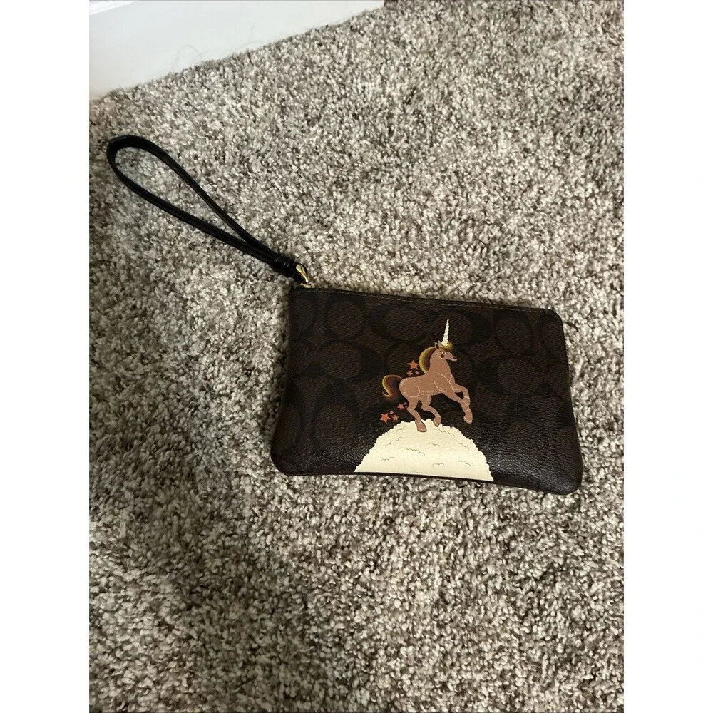 Coach Unicorn Fantasy Signature Wallet Wristlet Leather Brown
